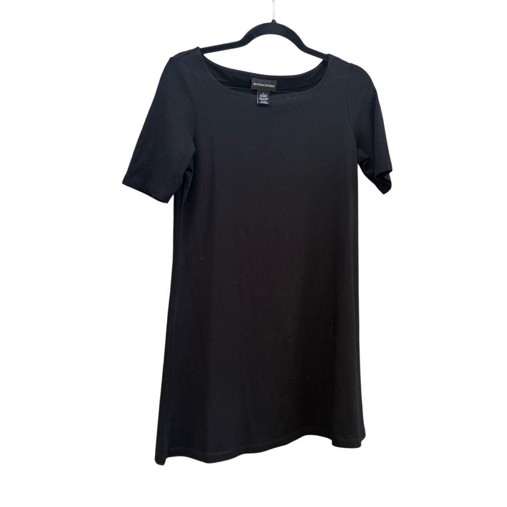 Sutton Studio mod black mini dress with open neck, women's medium